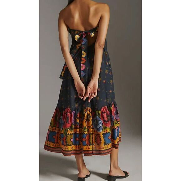 Anthropologie Farm Rio Embroidered Dress Strapless Black Folklore Size m petite - Picture 9 of 11
